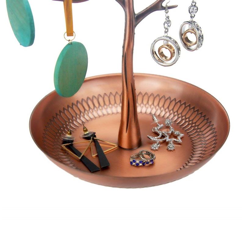 The UNIQ Bronze Vintage Jewelry Tree with 3 Birds is a decorative stand that displays earrings on its branches and organizes rings and earrings on its round base.