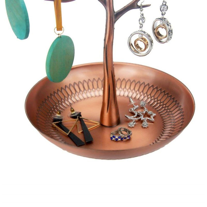 The UNIQ Bronze Vintage Jewelry Tree with 3 Birds is a decorative stand that displays earrings on its branches and organizes rings and earrings on its round base.