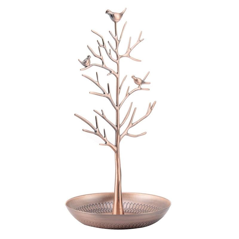 The UNIQ Bronze Vintage Jewelry Tree with 3 Birds is a jewelry organizer display stand shaped like a tree, featuring three birds on its branches and a round ornate tray.